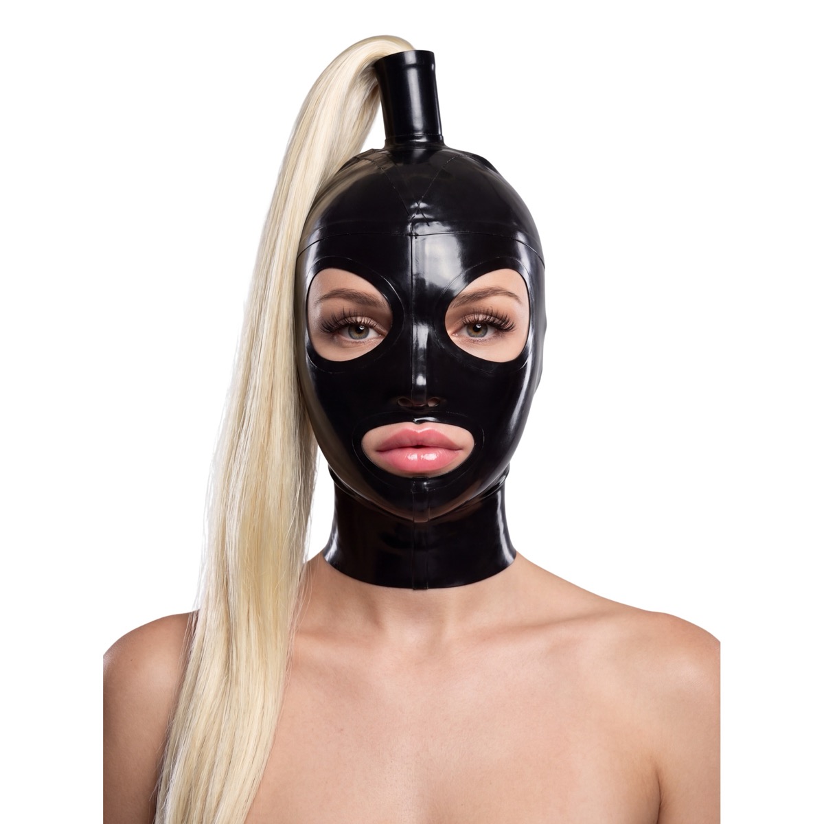 Kopfmaske aus Naturlatex, schwarz, mit blondem Zopf