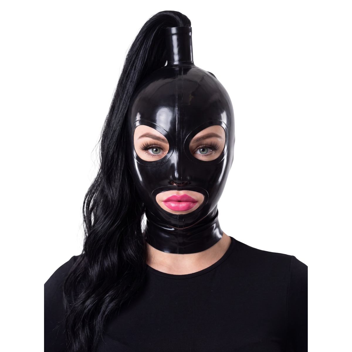 Kopfmaske aus Naturlatex, schwarz, mit schwarzem Zopf